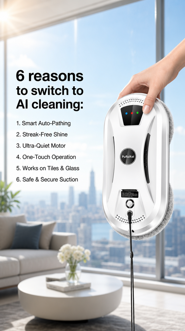 AI Window Cleaning Robot Smart Automatic Cleaner Streak-Free for Windows/Tiles/Glass Doors Self-Cleaning Ultra Quiet