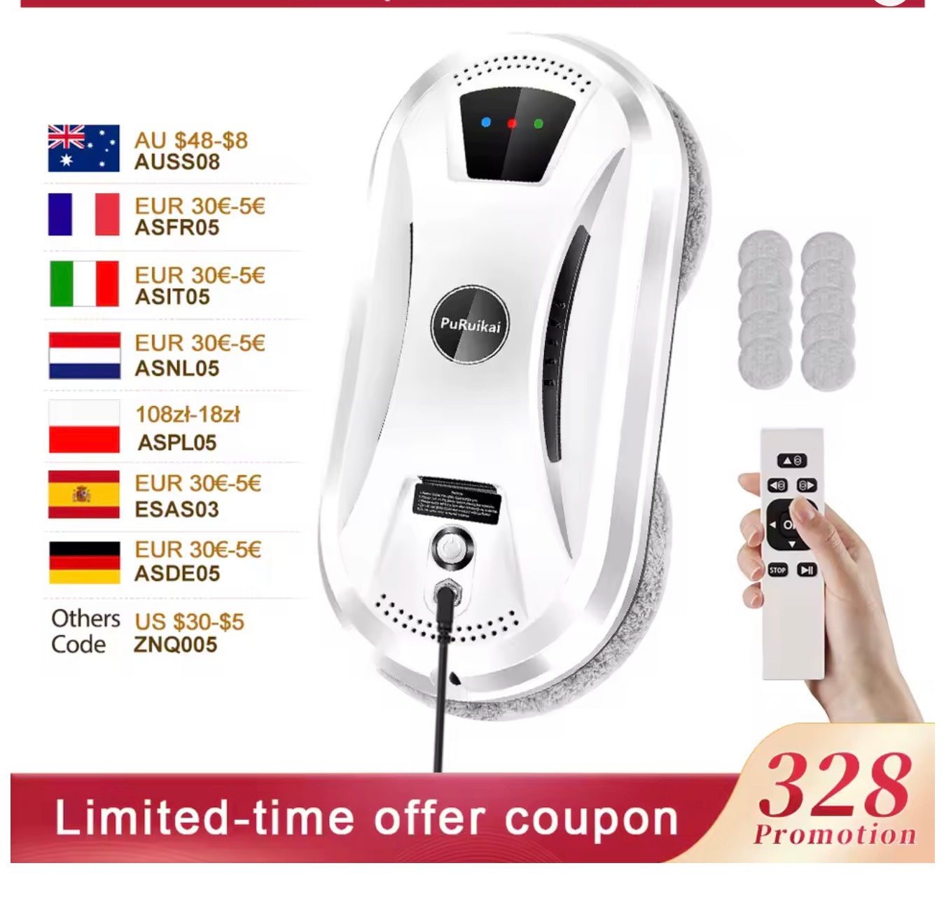 AI Window Cleaning Robot Smart Automatic Cleaner Streak-Free for Windows/Tiles/Glass Doors Self-Cleaning Ultra Quiet